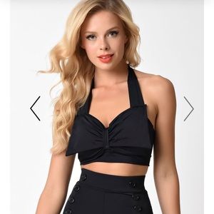 Pin-Up Style Solid Black Bow Halter Swim Top